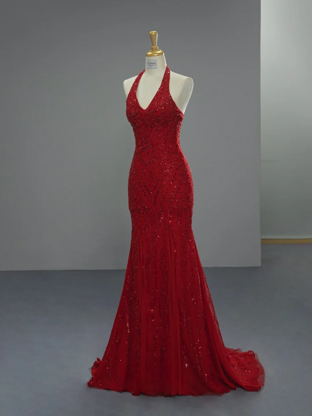 Chic Mermaid Long Prom Dresses Halter Beaded Chiffon Burgundy Birthday Dresses Sleeveless Evening Gowns ED06219