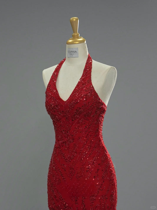 Chic Mermaid Long Prom Dresses Halter Beaded Chiffon Burgundy Birthday Dresses Sleeveless Evening Gowns ED06219