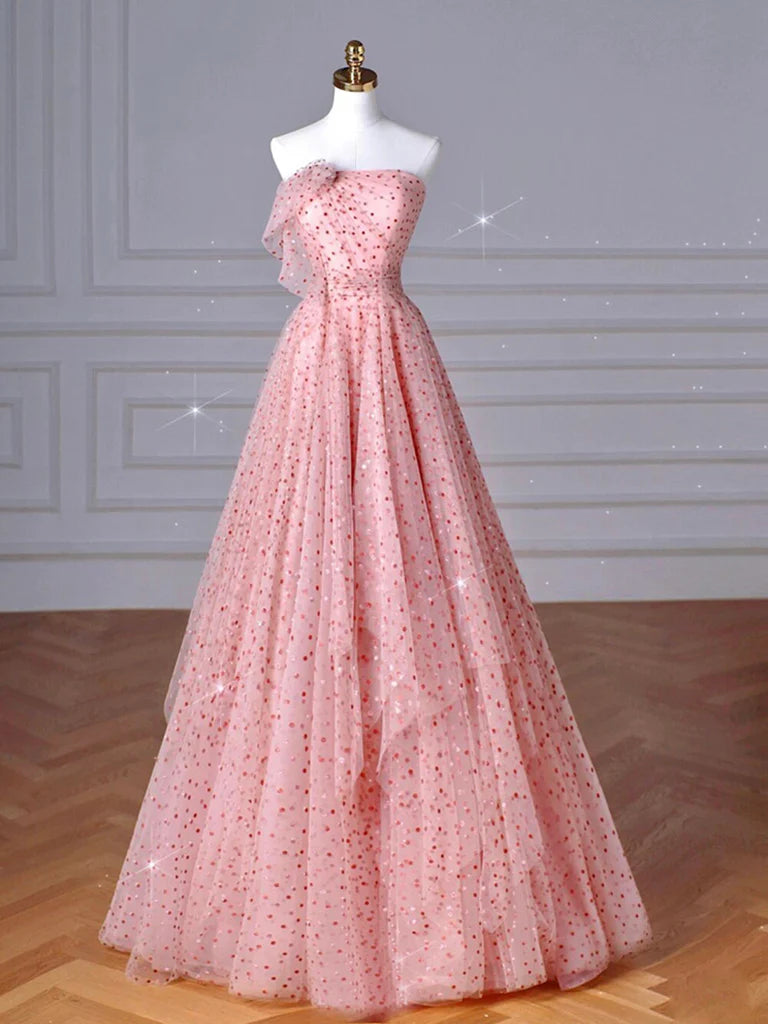 A-Line Pink Tulle Long Prom Dress, Pink Long Formal Dress ED0622