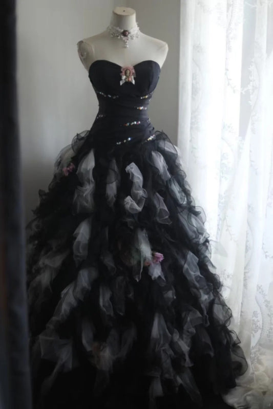 Chic A-Line Long Prom Dresses Sweetheart Tulle Black Birthday Dresses Sleeveless Evening Gowns ED06220