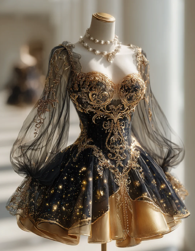 Cute A-Line Short Prom Dresses Sweetheart Applique Black Birthday Dresses Tulle Long Sleeves Party Dresses ED06224