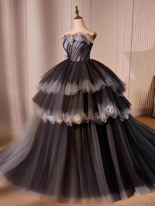 Black Tulle Long Prom Gown, Black Tulle Evening Dress ED0623