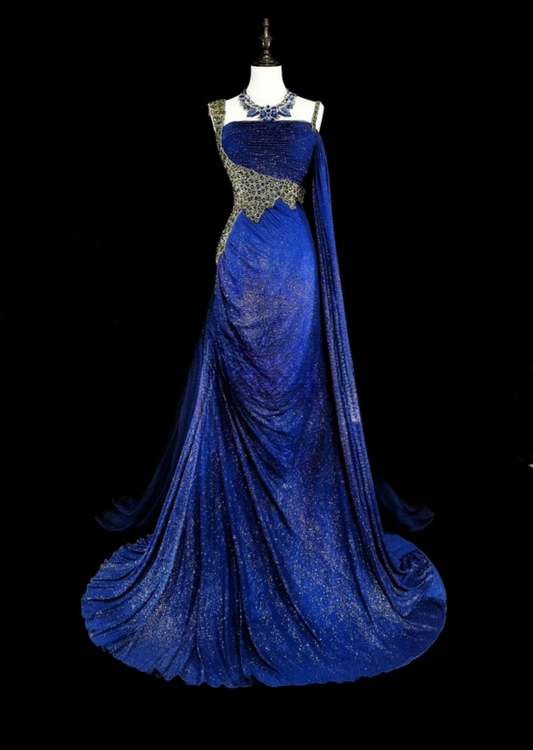 Glitter Blue Long Prom Dresses Spaghetti Straps Sheath Evening Dresses Satin Sleeveless Party Dresses ED06239