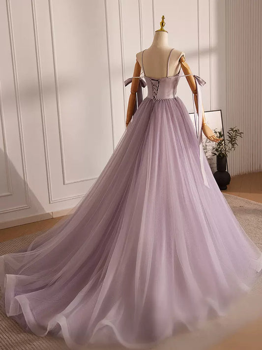 A-Line V Neck Tulle Beads Purple Long Prom Dress, Purple Long Formal Dress ED0624