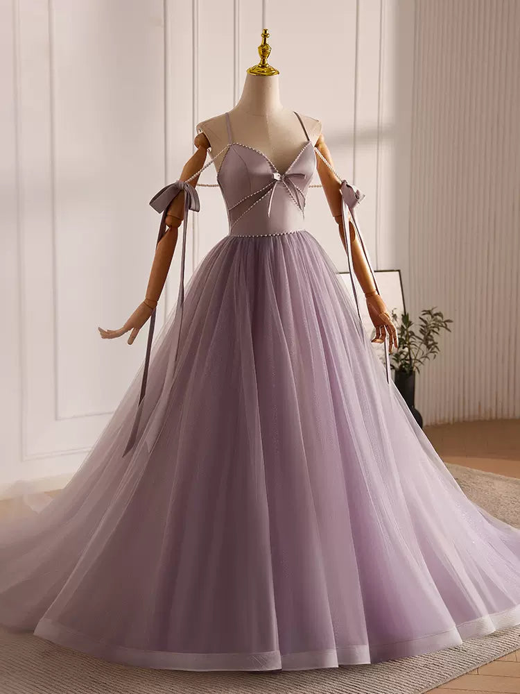 A-Line V Neck Tulle Beads Purple Long Prom Dress, Purple Long Formal Dress ED0624