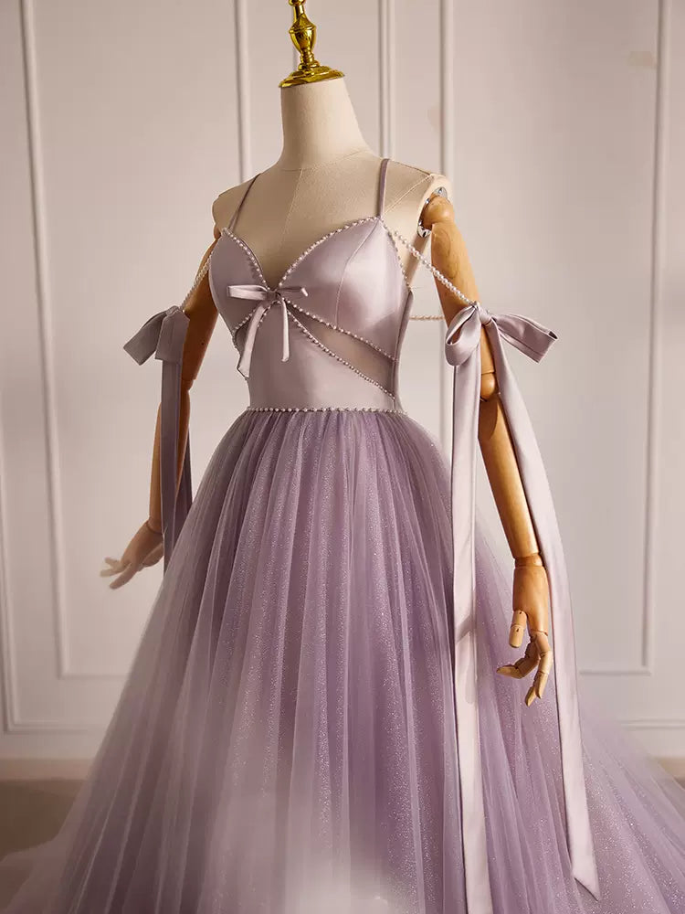 A-Line V Neck Tulle Beads Purple Long Prom Dress, Purple Long Formal Dress ED0624