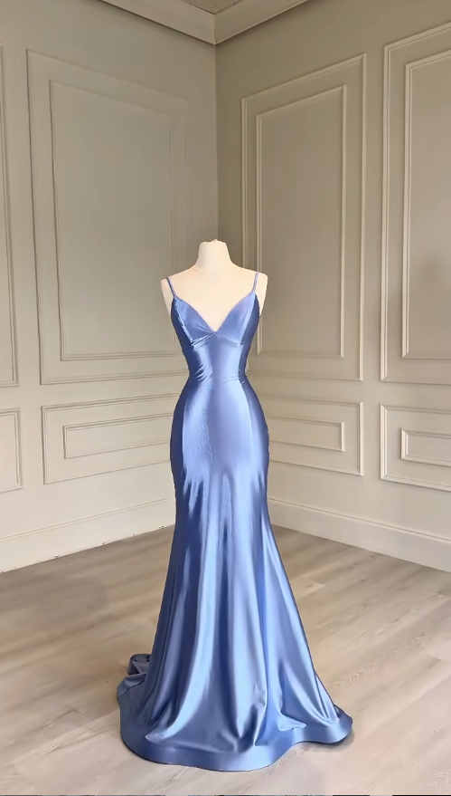 Elegant Blue Long Prom Dresses Satin V-neck Mermaid Evening Gowns Sleeveless Party Dresses ED06247
