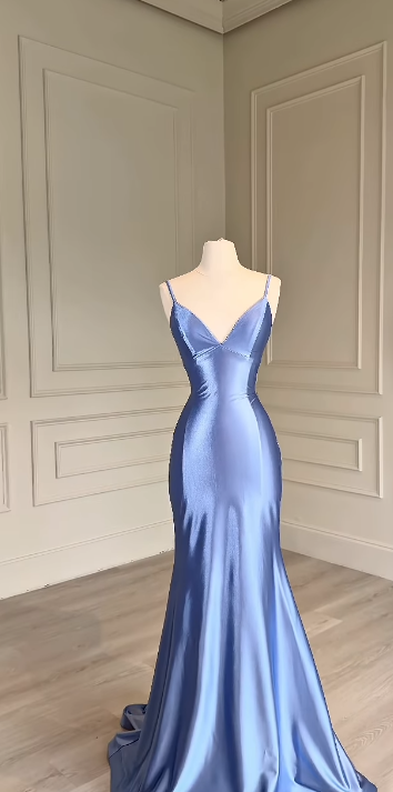 Elegant Blue Long Prom Dresses Satin V-neck Mermaid Evening Gowns Sleeveless Party Dresses ED06247