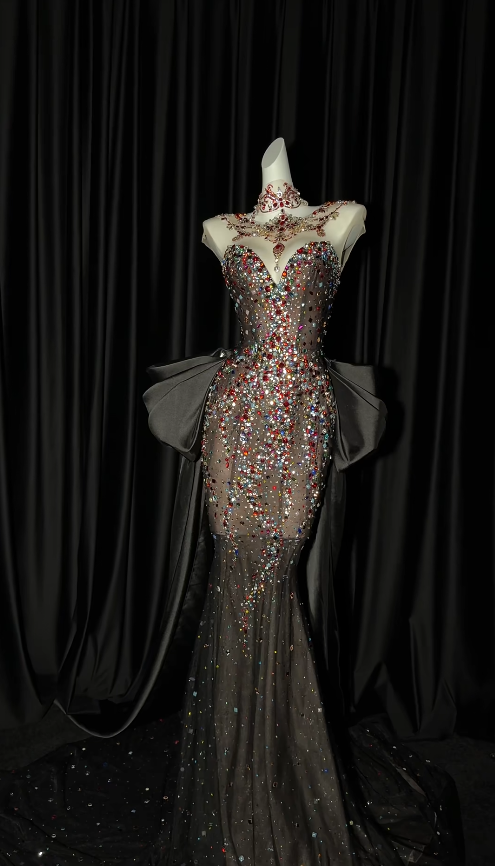 Elegant Black Long Prom Dresses Tulle Rhinstones Mermaid Evening Gowns ED06252