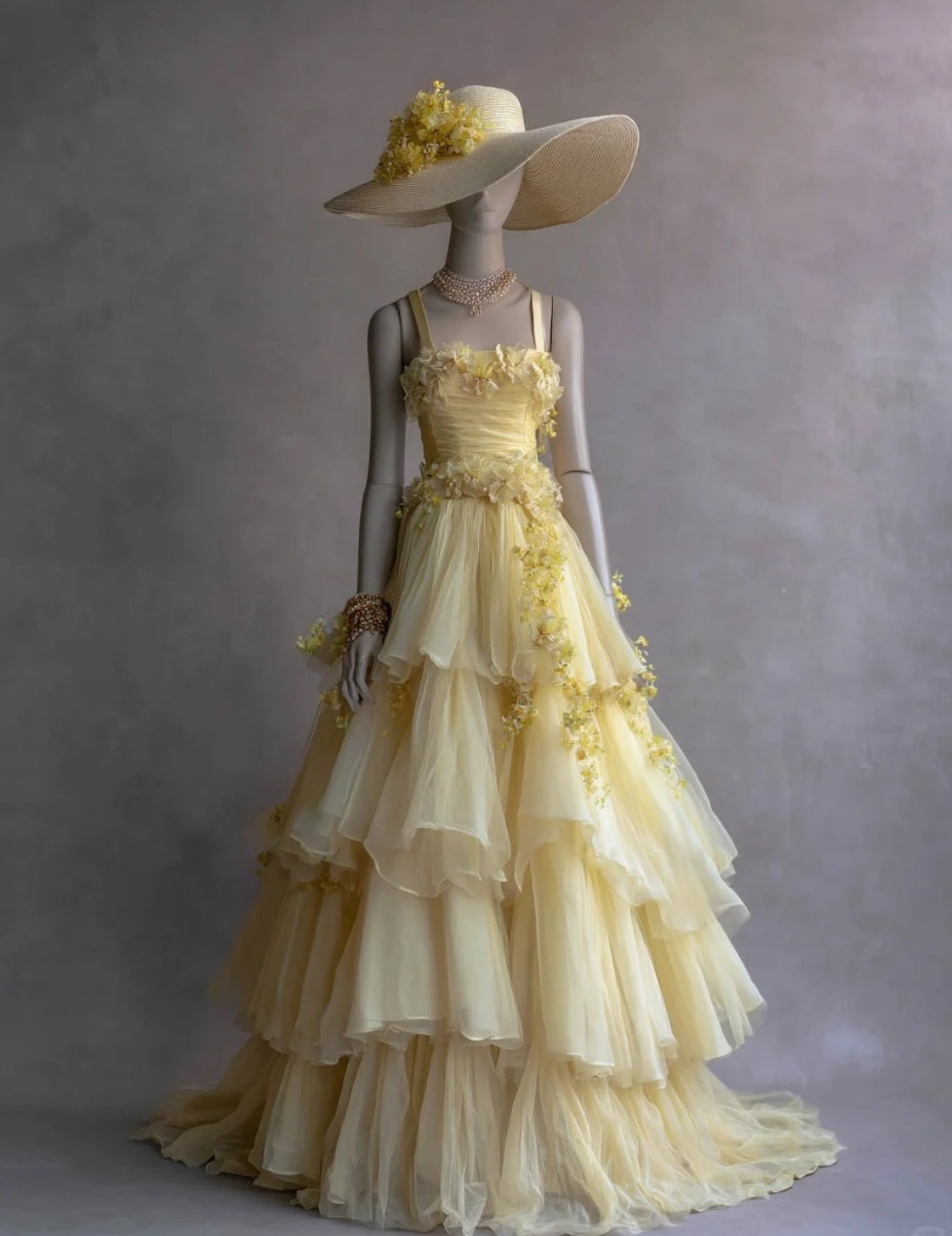 Gorgeous A-Line Yellow Long Prom Dresses, Flowers Tulle Spaghetti Straps Evening Dresses, Sleeveless Birthday Dresses ED06265