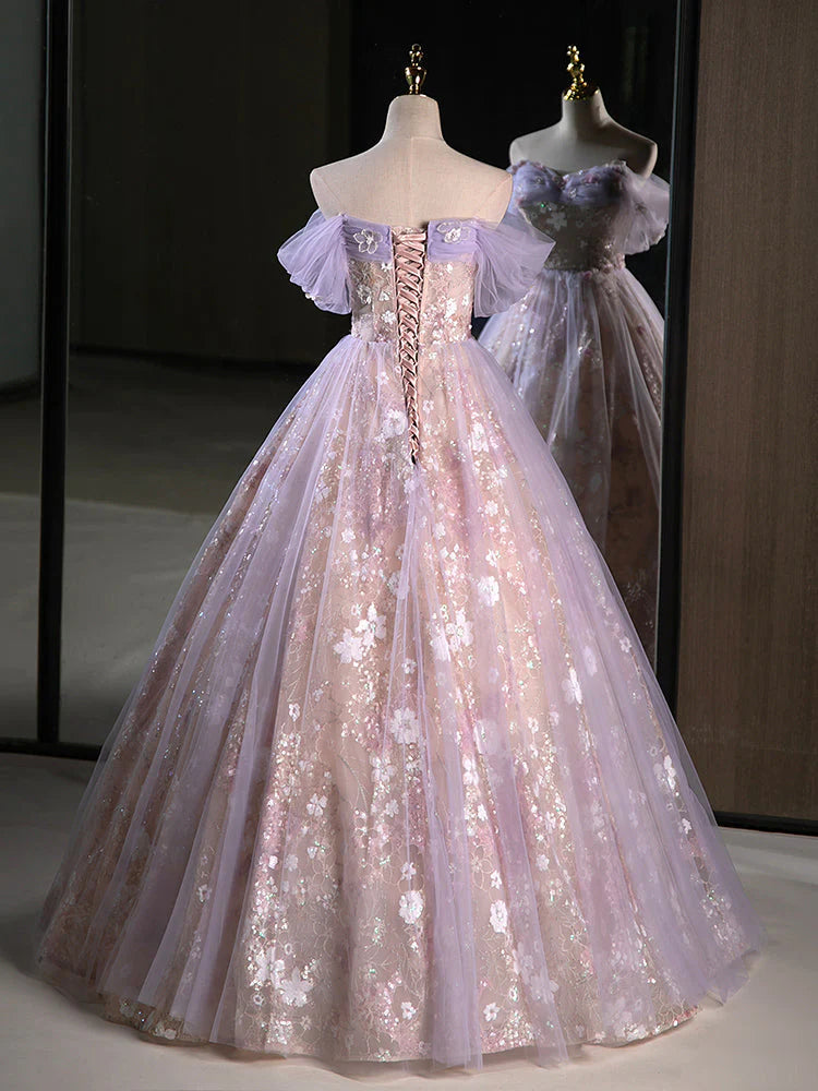A-Line Sweetheart Neck Tulle Lace Purple Long Prom Dress, Purple Long Formal Dress ED0627