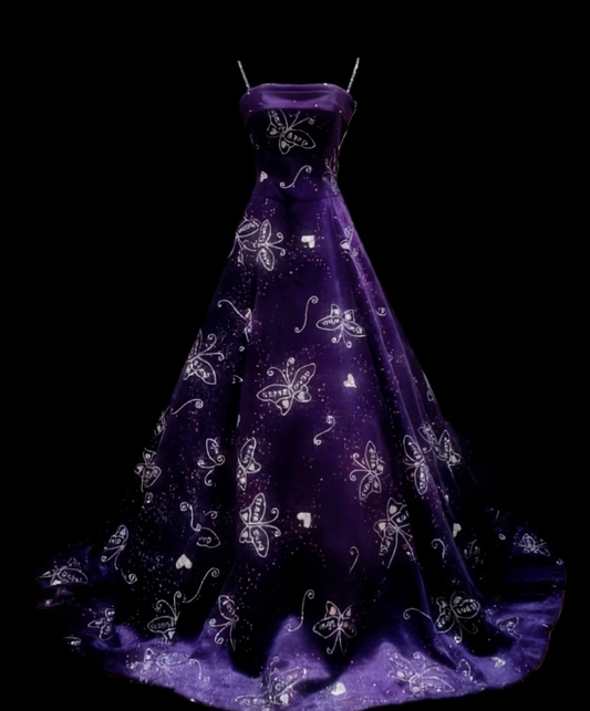 Fairy A-Line Purple Long Prom Dresses, Beaded Satin Spaghetti Straps Evening Dresses, Sleeveless Birthday Dresses ED06271