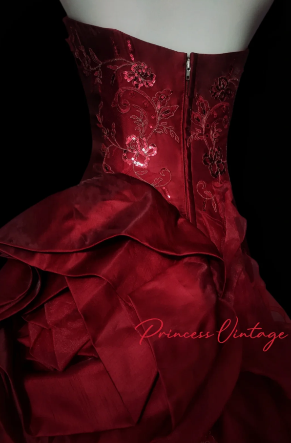 Fairy A-Line Burgundy Long Prom Dresses, Beaded Satin Strapless Evening Dresses, Sleeveless Birthday Dresses ED06272