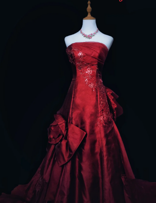 Fairy A-Line Burgundy Long Prom Dresses, Beaded Satin Strapless Evening Dresses, Sleeveless Birthday Dresses ED06272