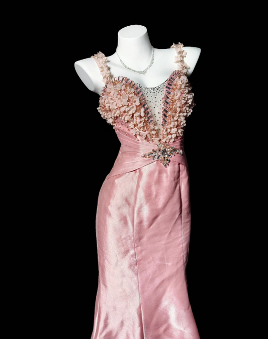 Fairy Memaid Pink Long Prom Dresses, Beaded Satin Straps Evening Dresses, Sleeveless Birthday Dresses ED06273