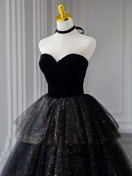A-Line Sweetheart Neck Tulle Sequin Black Long Prom Dress, Black Formal Dress ED0628