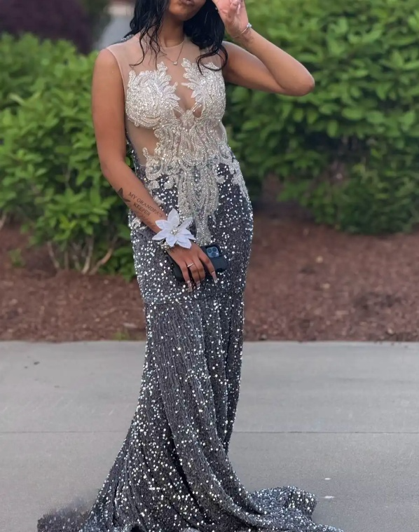 Glam Sheath Gray Long Prom Dresses Sequins Velvet V-neck Evening Dresses ED06285