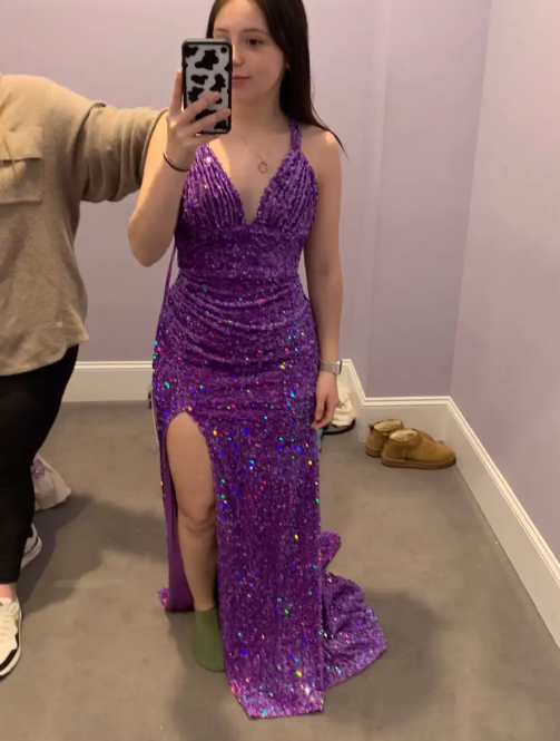 Elegant Sheath Purple Long Prom Dresses Sequins V-neck Sleeveless Evening Dresses ED06296