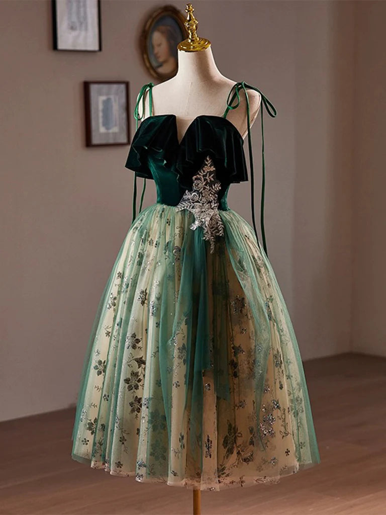 A-Linie Tüll Spitze Pailletten Grün Kurzes Ballkleid, Grünes Homecoming Kleid ED063