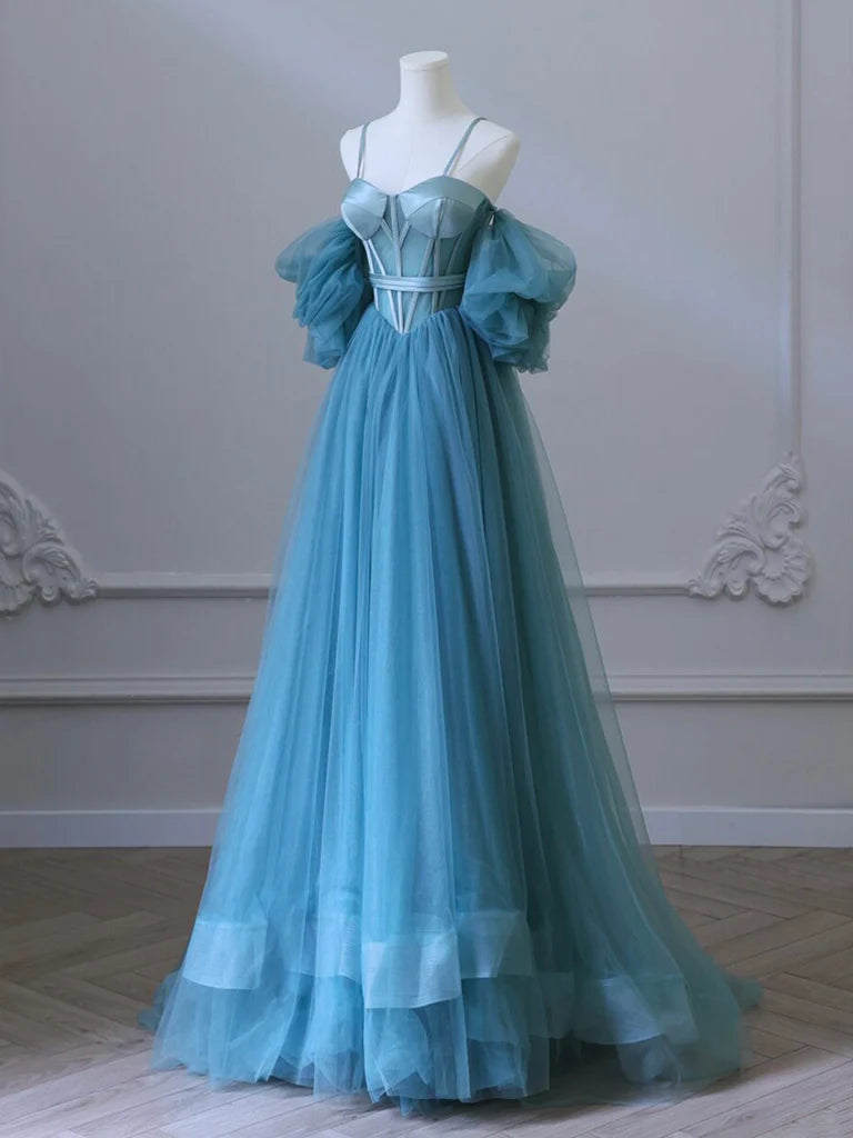 A-Line Sweetheart Neck Tulle Blue Long Prom Dress, Blue Long Formal Dress ED0630