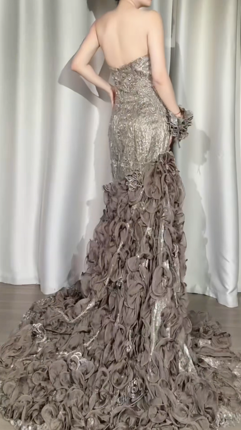 Chic Sheath Light Brown Long Prom Dress Tulle Strapless Evening Dress Lace Beaded Sleeveless Party Dress ED06305