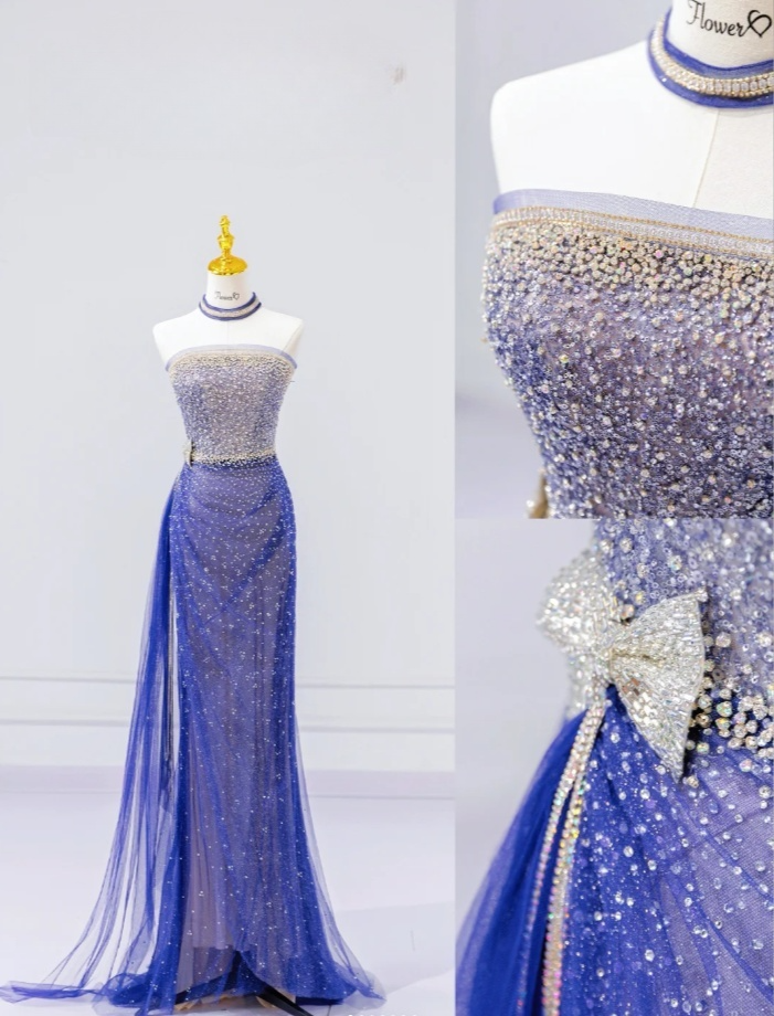 Elegant Sheath Blue Long Prom Dress Sequins Tulle Strapless Evening Dress Sleeveless Party Dress ED06314