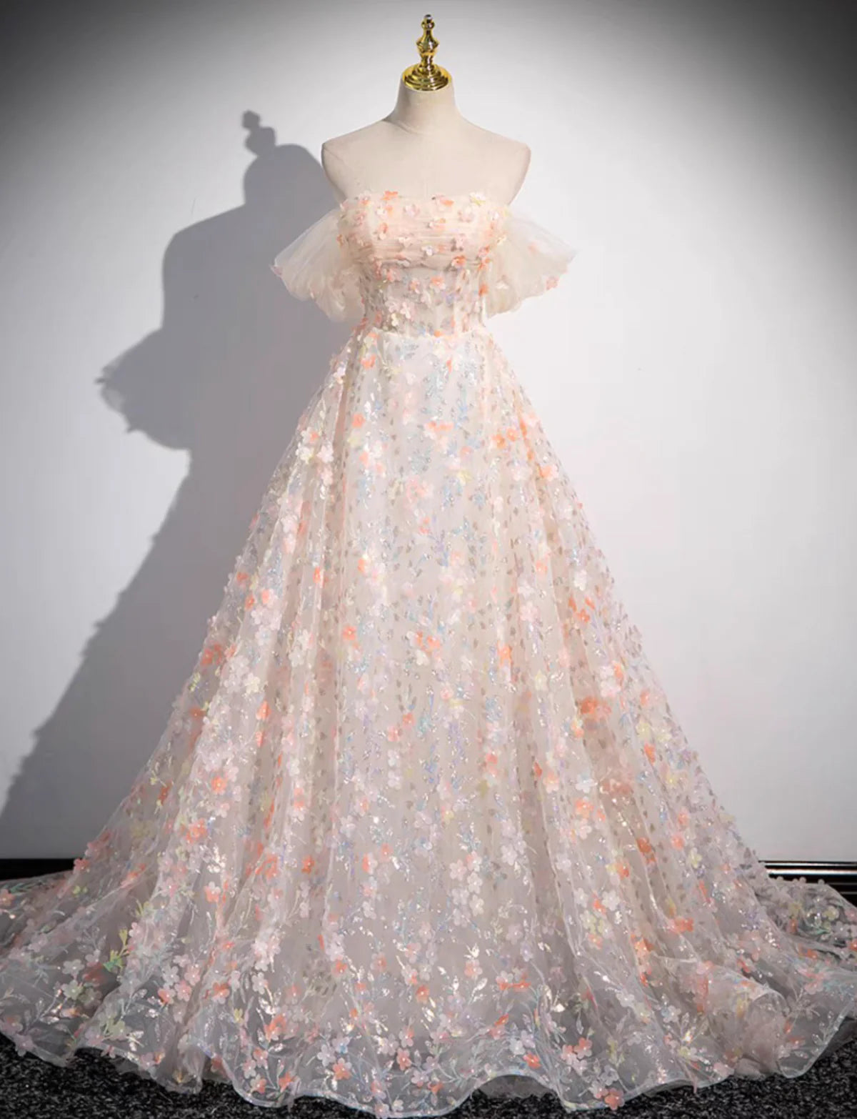 A-Line Off Shoulder Lace Tulle Long Prom Dress, Pink Long Formal Dress ED0631