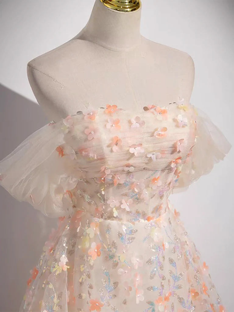 A-Line Off Shoulder Lace Tulle Long Prom Dress, Pink Long Formal Dress ED0631