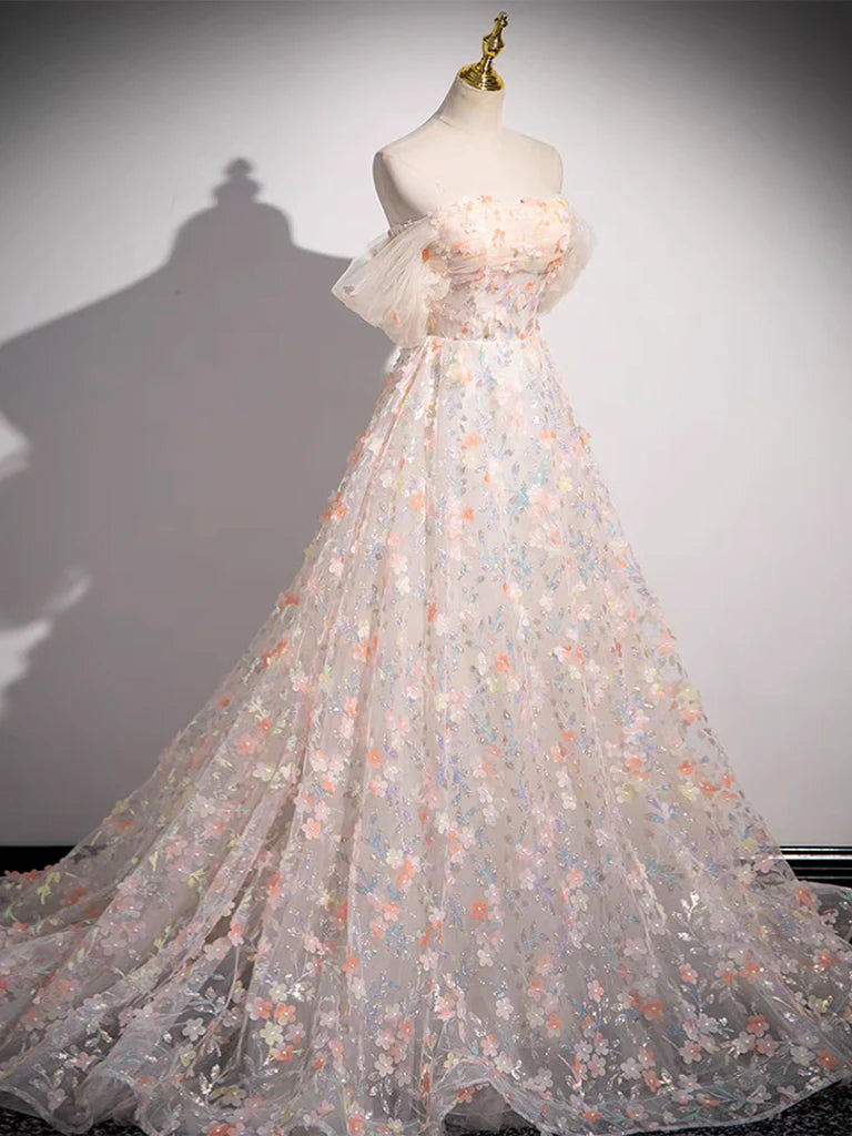 A-Line Off Shoulder Lace Tulle Long Prom Dress, Pink Long Formal Dress ED0631