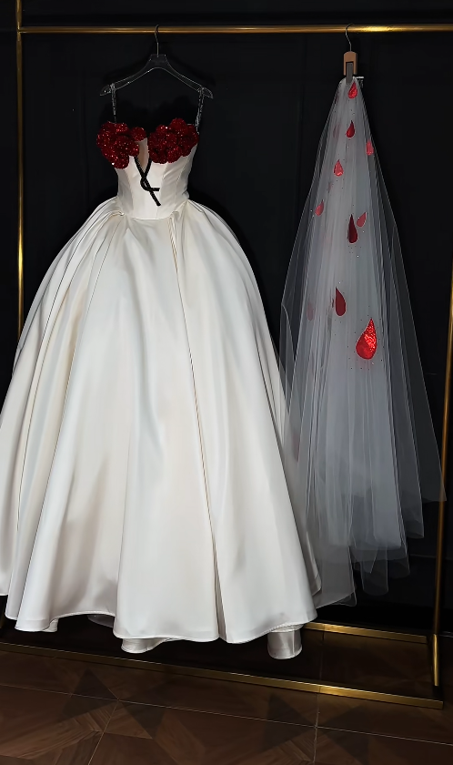 Elegant A-Line Long Wedding Dress Beaded Satin White Bridal Dress Strapless Bridal Gown ED06327