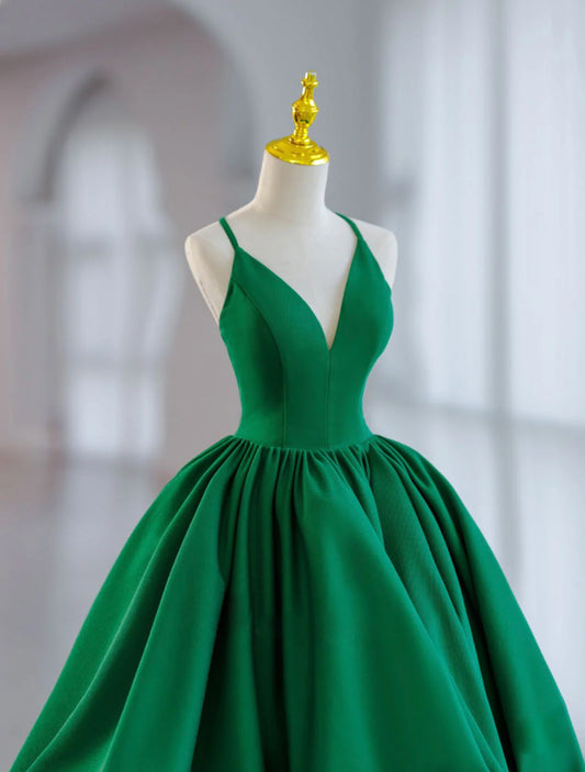 V Neck Satin Green Prom Dress, Green Formal Evening Dresses ED0633