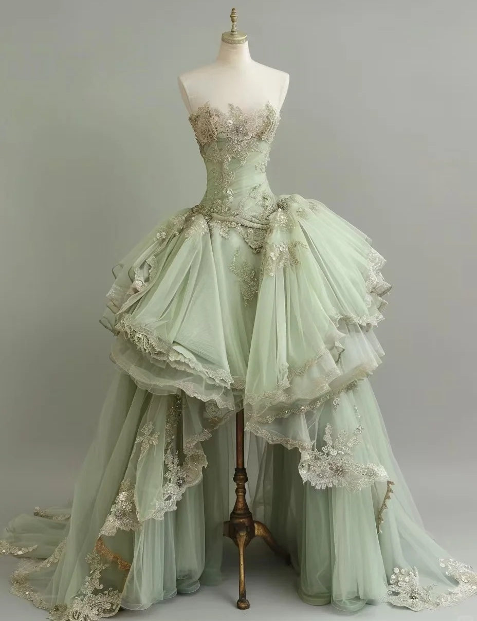 Fairy A-Line Green Long Prom Dress Appliques Tulle Sleeveless Sweet 16 Dresses Strapless Evening Dress ED06333