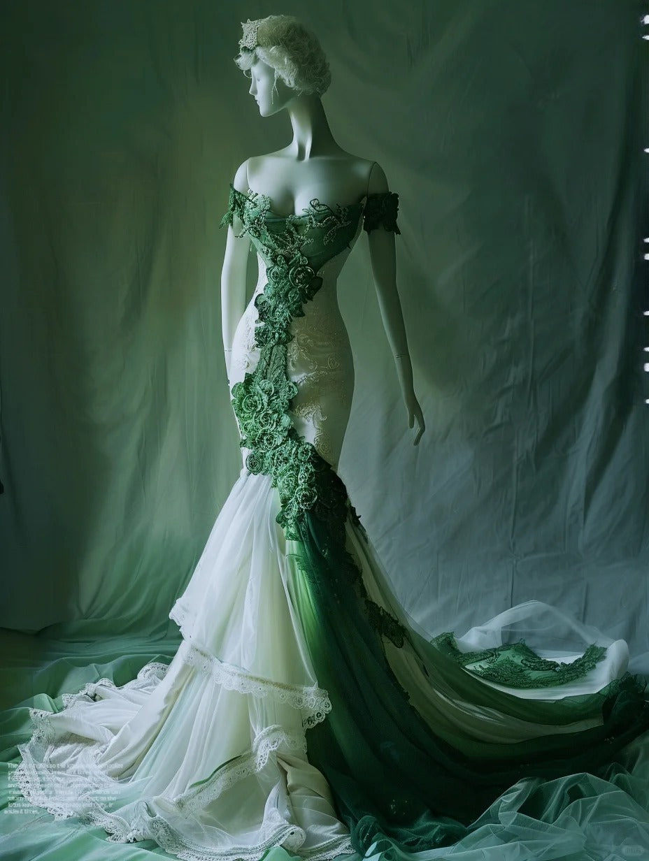 Elegant Mermaid Green Long Prom Dress Appliques Tulle Sleeveless Off-shoulder Evening Dress ED06334