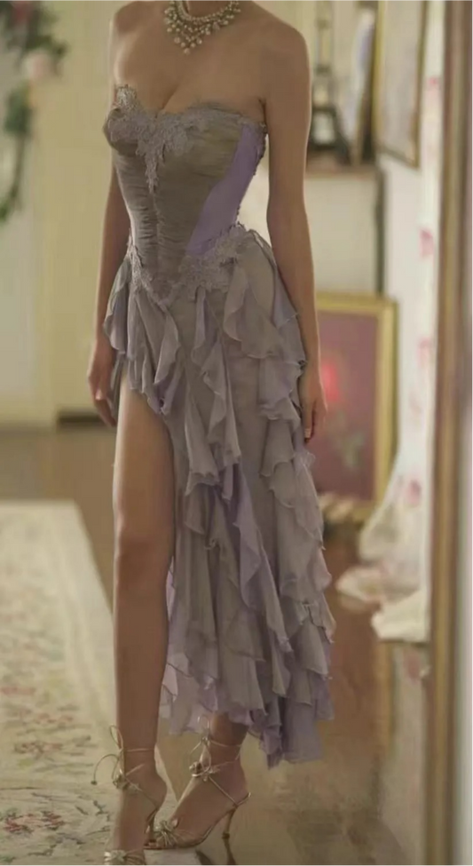 Elegant Sheath Purple Long Prom Dress Chiffon Sweetheart Evening Dress with Slit Sleeveless Party Dress ED06337