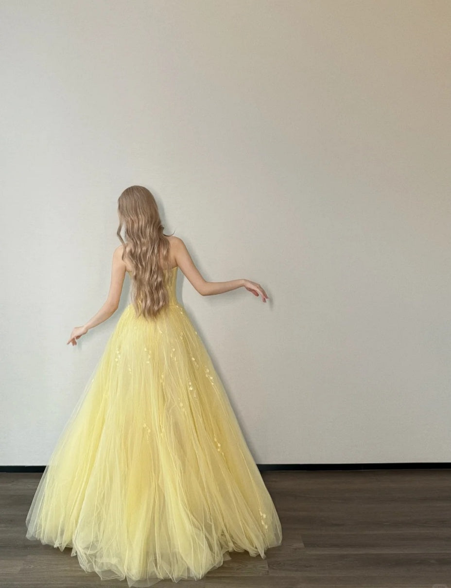 Cute A-Line Long Prom Dress Tulle Strapless Evening Dress Sleeveless Birthday Dress ED06338
