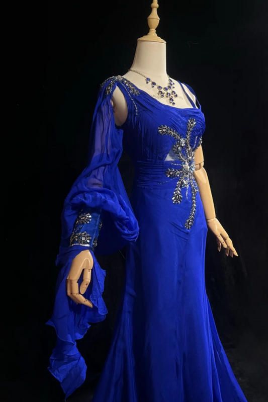 Elegant Sheath Royal Blue Long Prom Dress Sequin Chiffon Asymmetric Collar Evening Dress Sleeveless Birthday Dress ED06342