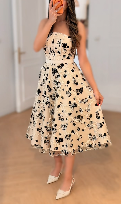 Elegant A-Line Champagne Prom Dress Floral Strapless Evening Dress ED06345