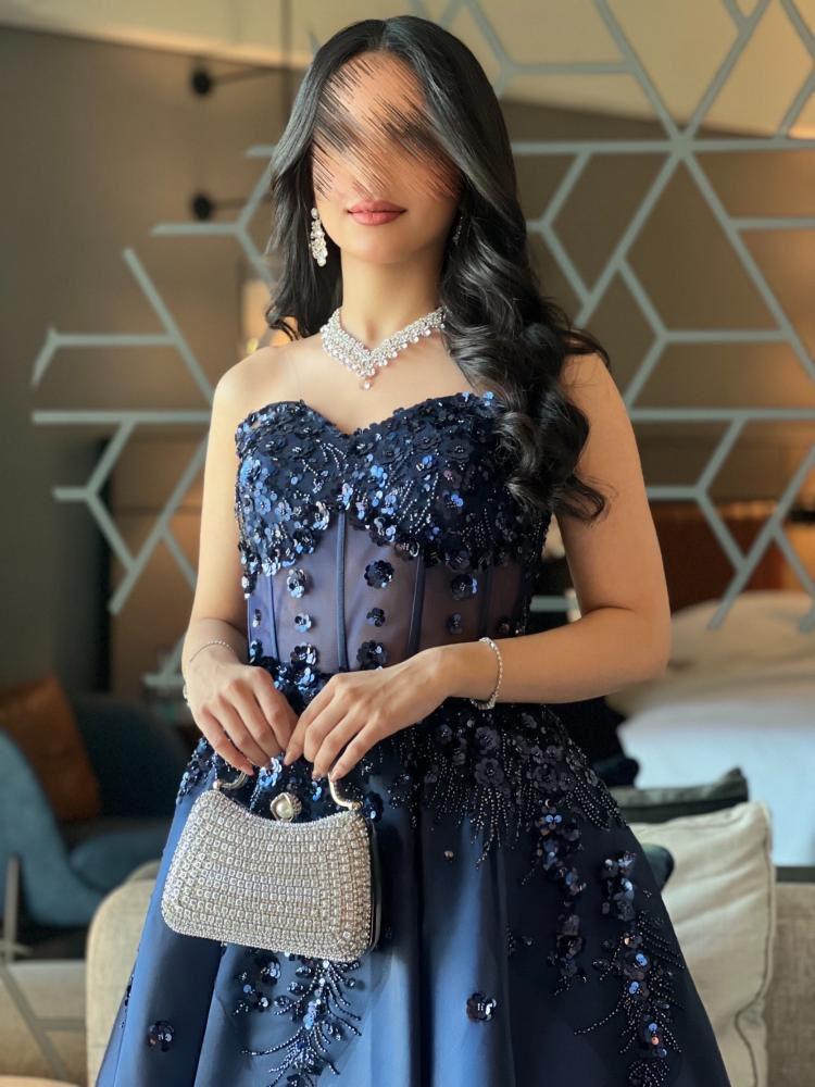 Elegant A-Line Navy Blue Long Prom Dress Sequins Satin Sweetheart Evening Dress ED06348