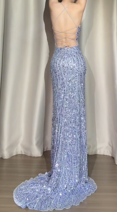 Elegant Sheath Gray Blue Long Prom Dress Sequins Spaghetti Straps Slit Evening Dress ED06350