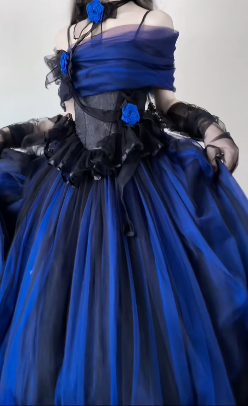 Chic A-Line Blue Long Prom Dress Tulle Spaghetti Straps Evening Dress Sleeveless Birthday Dress ED06352