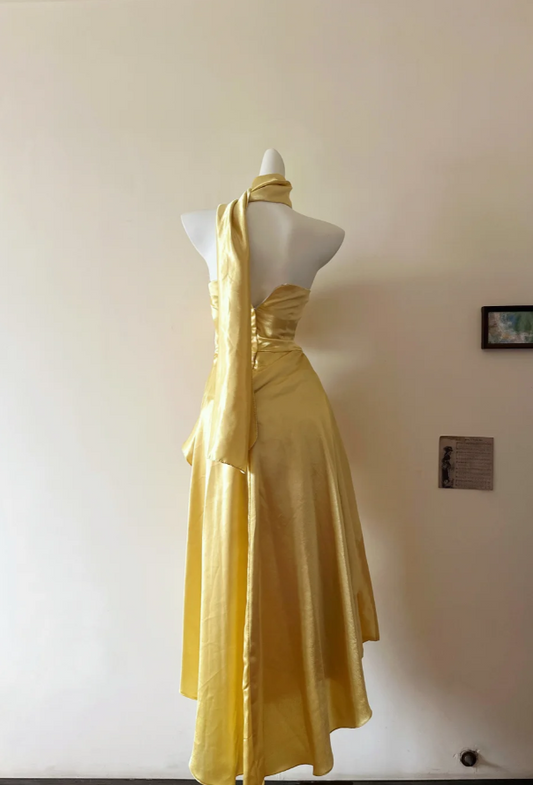 Chic A-Line Gold Long Prom Dress Satin Strapless Evening Dress Sleeveless Birthday Dress ED06353