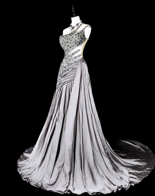 Chic Sheath Sliver Long Prom Dress Beaded Satin One-shoulder Evening Dress Sleeveless Birthday Dress ED06357