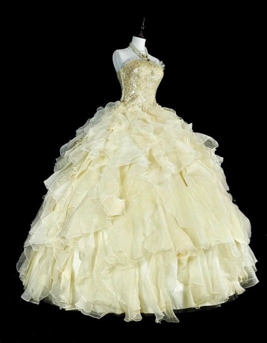 Chic Ball Gown Yellow Long Prom Dress Tulle Sequins Strapless Evening Dress Sleeveless Quinceanera Dress ED06359