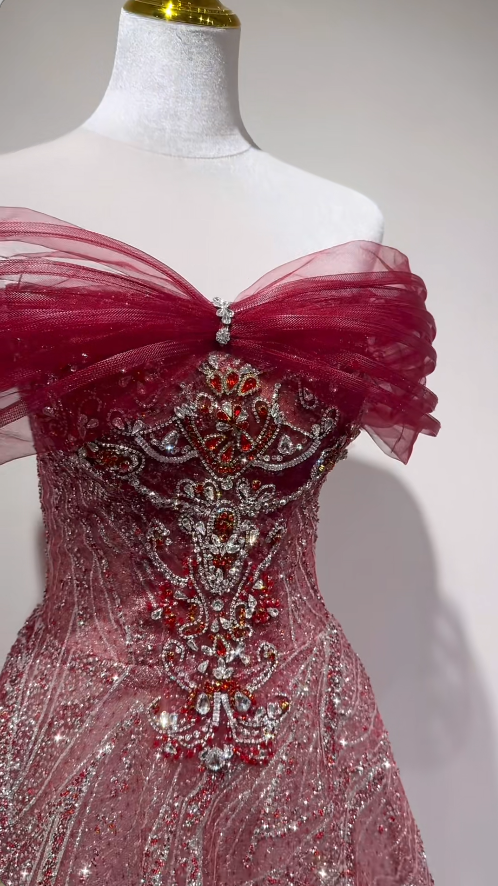 Gorgeous A-line Burgundy Long Prom Dress Tulle Beaded Off-shoulder Evening Dress Sparkly Birthday Dress ED06361