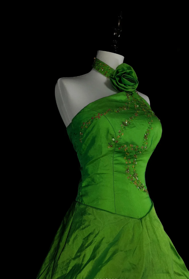 Gorgeous A-line Green Long Prom Dress Sequins Satin Halter Evening Dress ED06370