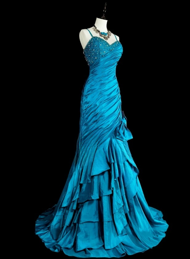 Chic Sheath Blue Long Prom Dress Satin Spaghetti Straps Evening Dress Sleeveless Party Dress ED06373