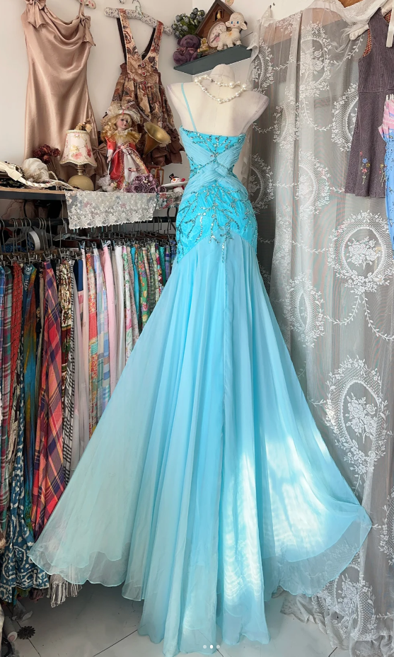 Gorgeous Sheath Blue Long Prom Dress Beaded Chiffon One-shoulder Evening Dress Sleeveless Birthday Dress ED06385