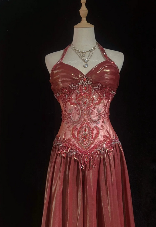 Elegant Sheath Red Long Prom Dress Satin Beaded Halter Evening Dress Sleeveless Party Dress ED06394