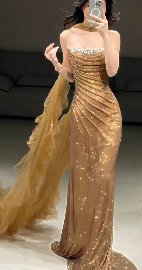 Elegant Sheath Gold Long Prom Dress Tulle Strapless Evening Dress Sleeveless Party Dress ED06398