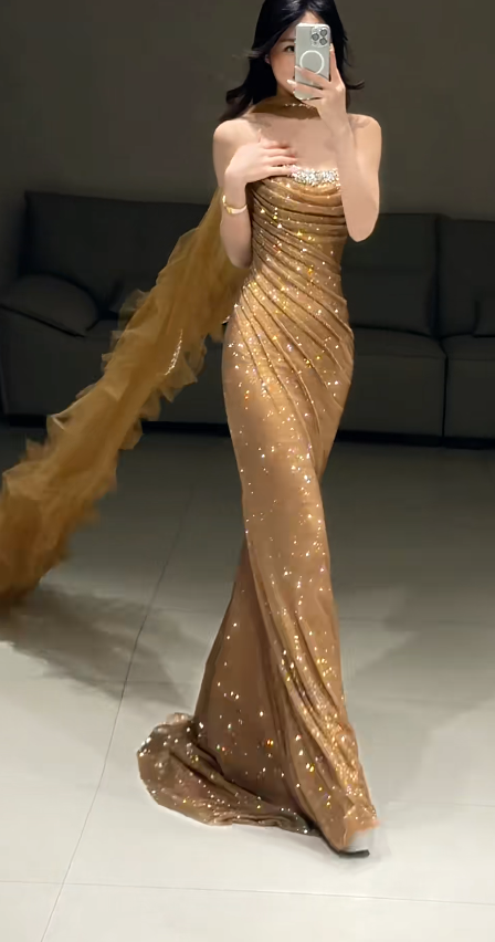 Elegant Sheath Gold Long Prom Dress Tulle Strapless Evening Dress Sleeveless Party Dress ED06398